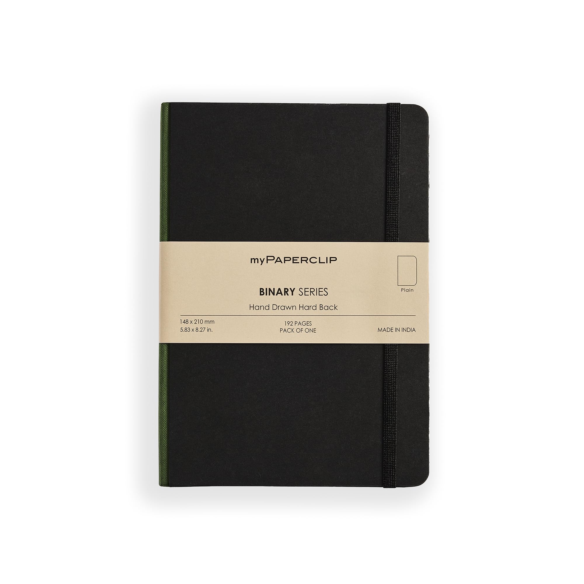 myPAPERCLIP Binary Series Notebook, Section Thread Bound, Hand Drawn Hard Cover, A5 (148 x 210 mm, 5.83 x 8.27 in.) Plain, BSH192A5-P Black Hard Cover, Green Spine