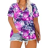 ForHailey Plus Size Tops for Women Tunic Tops Plus Size Clothes Summer Short Sleeve V Neck T Shirts Tie Dye Purple Blue X-Large