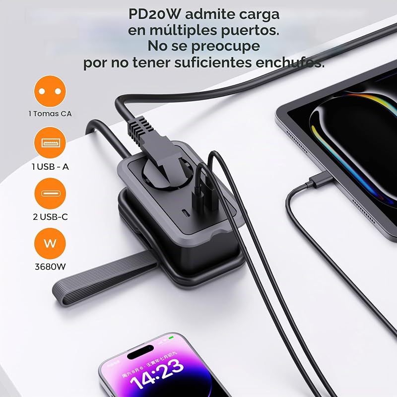 Regleta Portátil de Viaje, 1 Toma, 1 USB‑A y 2 USB‑C con Cable Enrollable — foto 2 de 7