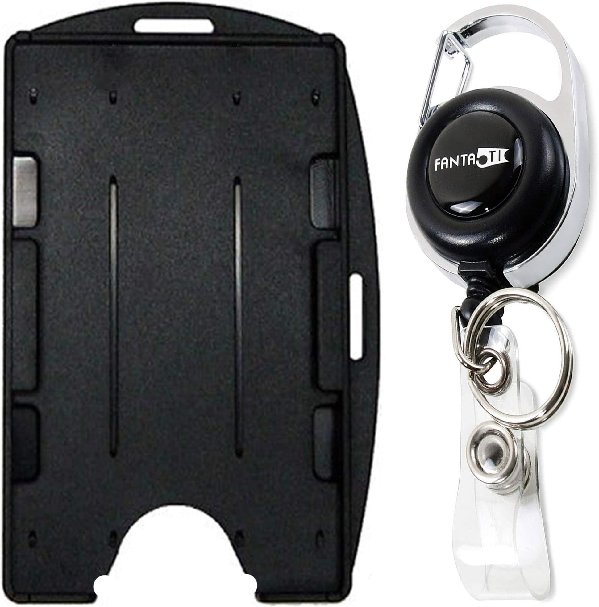 Retractable lD Badge Holder Rigid - with Carabiner Reel - Dual 2 Sided Open face Multi Card Holds Two ID Cards - Best for Both Vertical and Horizontal use (Black)