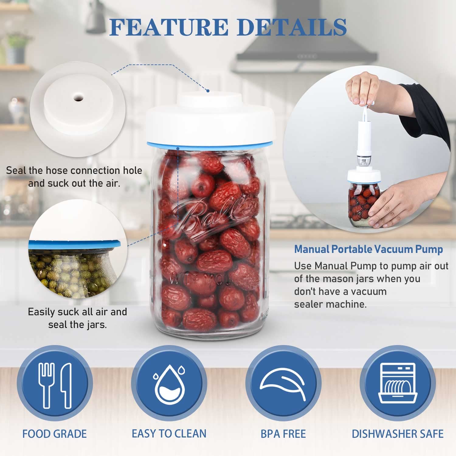 RECAT Mason Jar Vacuum Sealer Kit with Accessory Hose for Wide and Regular Mouth Jars, Manual Portable Vacuum Pump and Lid Opener