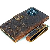 JJNUSA Leather Case Compatible with iPhone 15 Pro Max Handmade Genuine Distressed Leather Wallet Case Flip Cover with Wristlet Brown