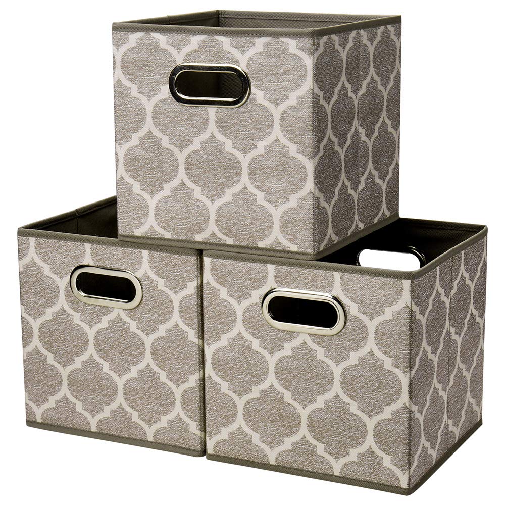 HSDT 3 Cube Storage Bins Grey 10.5x10.5x11 Inch Foldable Grid Lantern Print Fabric Half Storage Basketes for Home Organizers Storage Drawer,QY-SC08-3