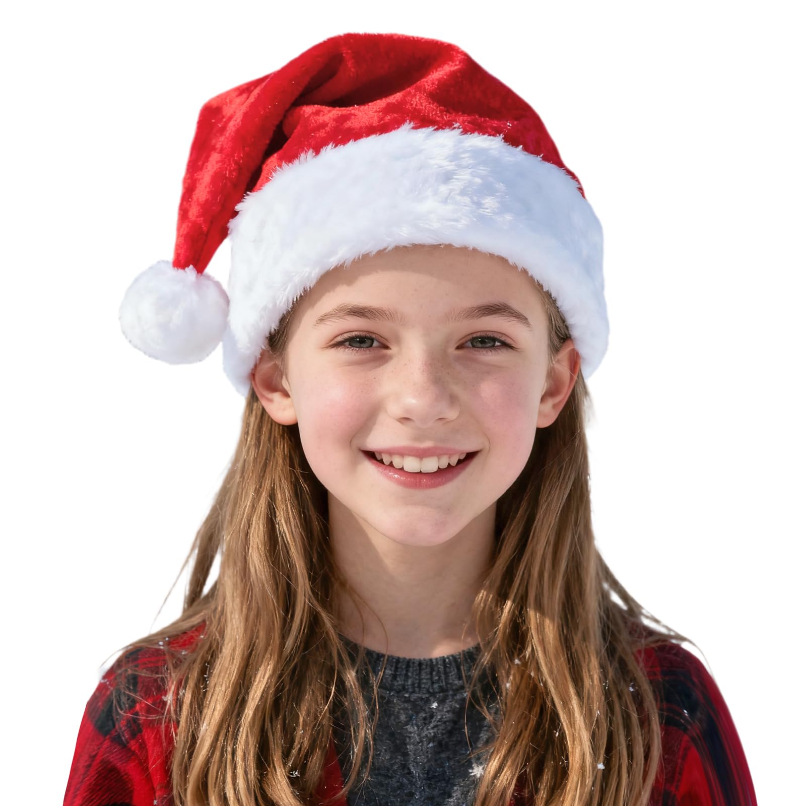 YAUOIPI Santa Hat for Kids, Soft Plush Fur Xmas Hat for Boys Girls, Comfort Red Santa Claus Fancy Dress Holiday Headwear for Christmas New Year Festive Theme Party (Red)