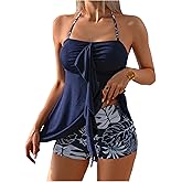 SweatyRocks Women's 2 Piece Swimsuit Ruffle Halter Tankini Set with Tropical Print High Waisted Shorts