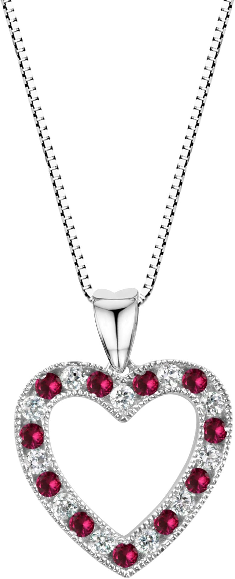 Sterling Silver 925 Round Created Gemstone and White Sapphire Heart Pendant Necklace, 18"