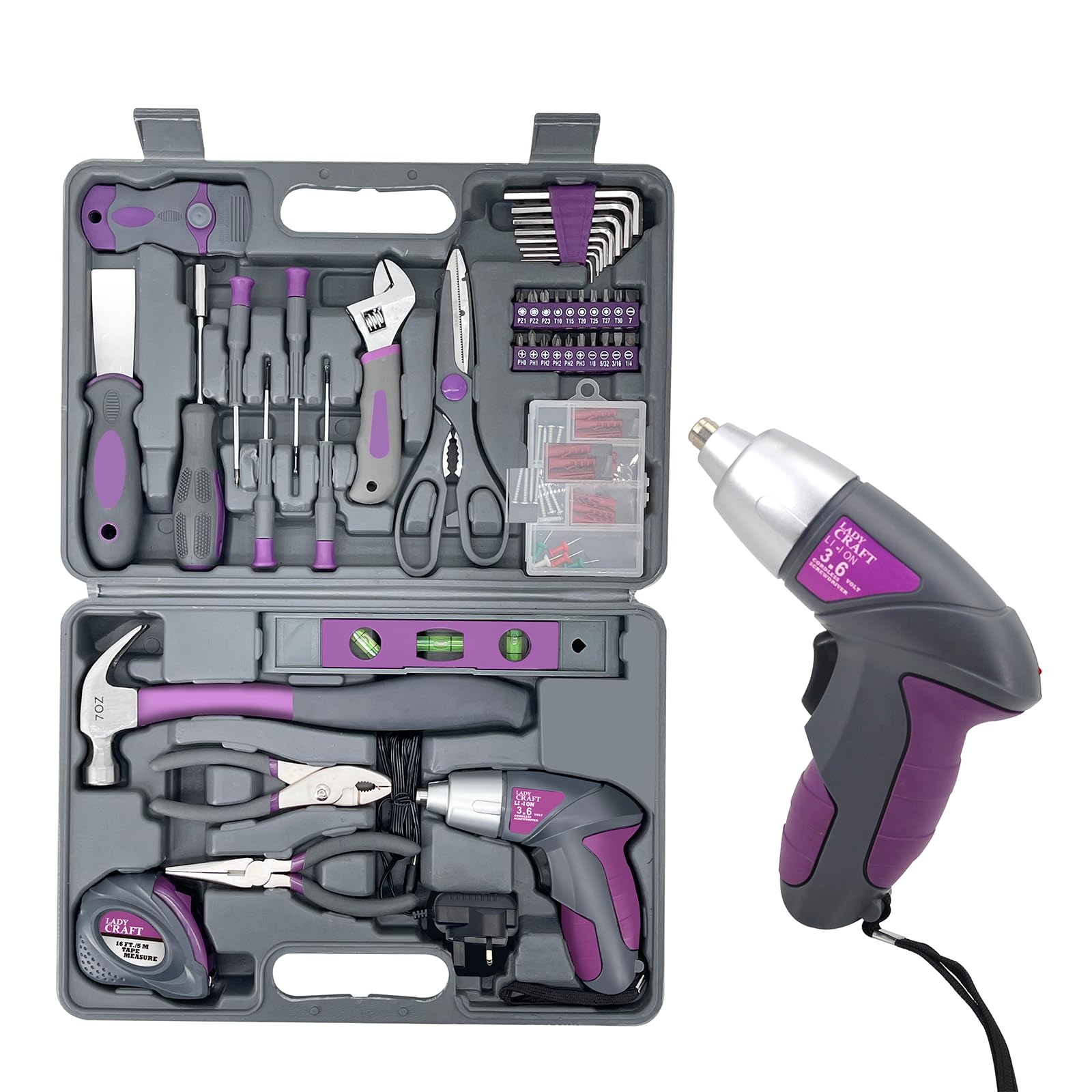 Werktough LADYCRAFT 44PCS 4V Cordless Screwdriver Tool Kit - Pink Color Home Repair Set With Storage Case - Lady Tools Gift Set