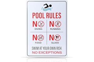 THTEN 14" x 10" Pool Rules Sign,Swimming Pool Warning Metal Sign,No Diving No Running No Food No Glass Sign .040 Aluminum UV Protected and Weatherproof,Indoor & Outdoor Use