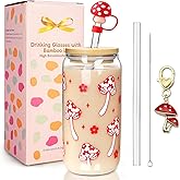Mason Life Coquette Cute Glass Cup with Lids and Straws Mushroom Iced Coffee Cup with Keychain and Straw Cover 18oz Drinking Matcha Smoothie Tumbler Valentines Day Gift for Mother Teen Girls