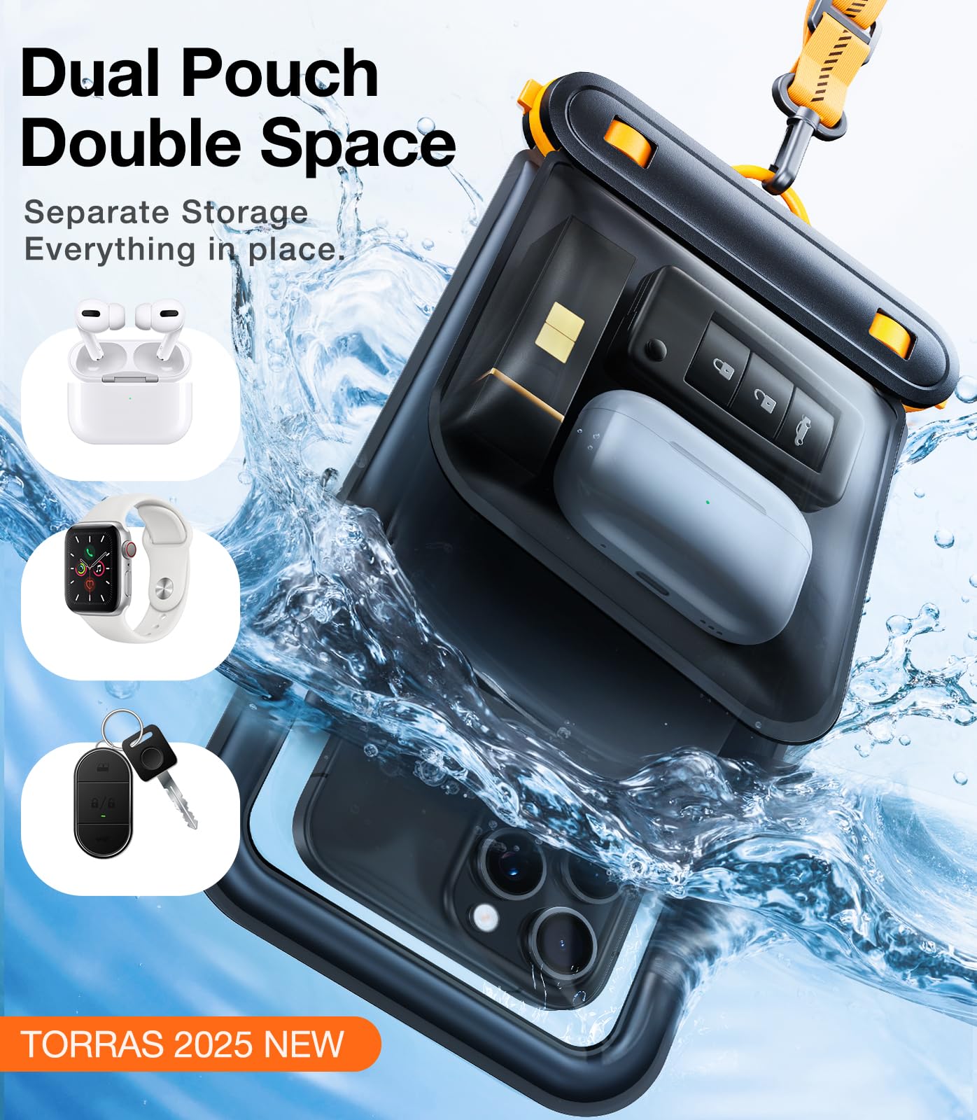 TORRAS IP68 Waterproof Phone Pouch Double Space, Floating Waterproof Phone Case with Lanyard for iPhone 17 Pro Max 16 15 14 S25 S24, Phone Dry Bag Vacation Cruise Ship Travel Essentials 7.0'', Black