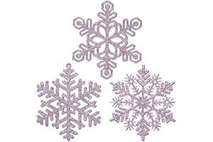 GAUMAANLEI 48pcs 4 Inch Pre-Strung Pink Snowflake Ornaments for Christmas Tree Decorations, Hanging Plastic Glitter Snowflake Christmas Ornaments Bulk in Light Pink