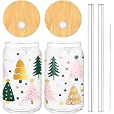 Whaline 2Pcs Christmas Drinking Glasses Gold Foil Pink Green Tree Iced Coffee Cup 16oz Boho Xmas Tree Glass Cup with Lids and Straw for Cocktails Whiskey Beer Soda Gifts