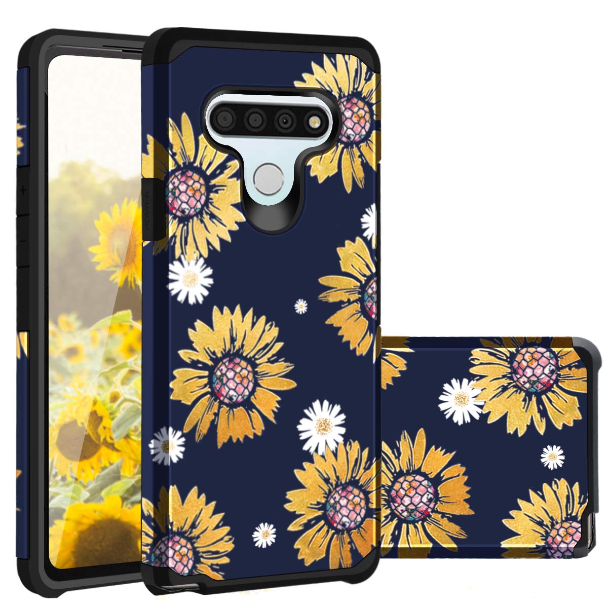 Casewind Compatible with LG Stylo 6 Case, Stylo 6 Case, Sparkly Sunflower & Daisy 2 in 1 Hard PC & Soft Silicone Hybrid Shockproof Anti-Scratch Rugged Bumper Protective Cover for LG Stylo 6, Sunflower