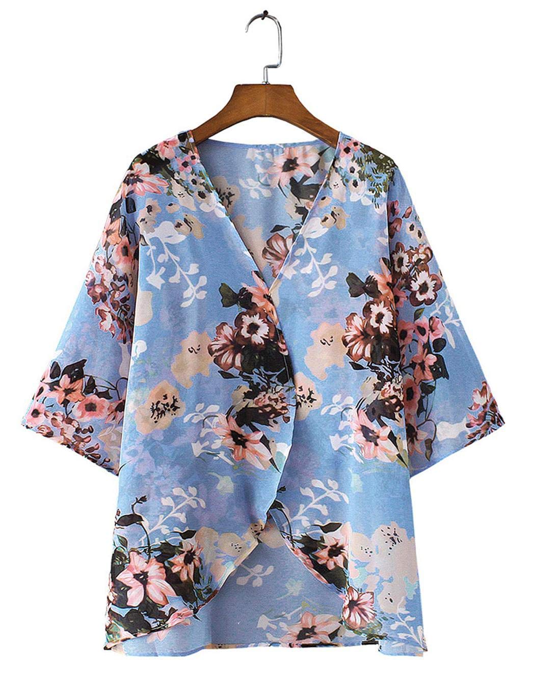 milene88 Women Casual Raglan Sleeve Print Loose Open Stitch Beach Bikini Cover-up Cover-Ups Blue