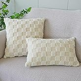 SKXKJian Pack of 2 Soft Plush Faux Fur Throw Pillow Covers 18x18 Farmhouse Decorative Checkered Jacquard Pillow Covers for Couch Sofa Holiday Spring Home Decor Ivory x2