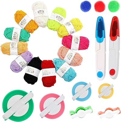 Maridergo Pom Pom Maker Set 6 Sizes 12 Colours Yarn Scissors DIY Craft Kit