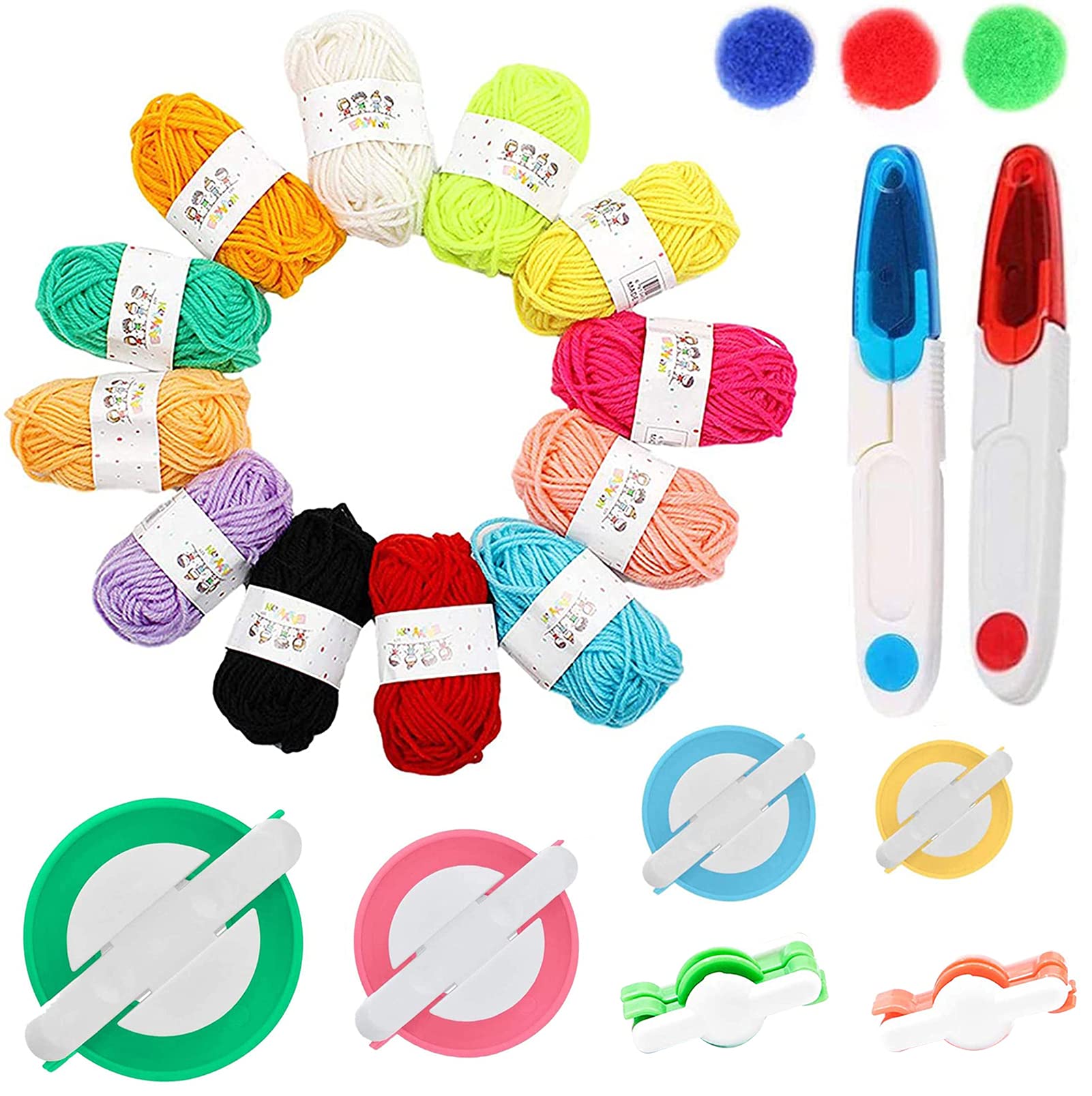 Maridergo 20 Pack Pom Pom Making Tool Set, 6 Different Sizes Pompom Maker with 12 Colours Yarn, DIY Fluff Balls Knitting Craft Making Kit with Sewing Scissors