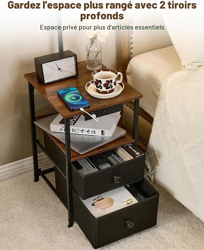 Lampadaire avec Table et 2 tiroirs, Lampe de Chevet avec Station de Charge USB et Type C, lampadaire à 3 températures de Couleur avec Abat-Jour réglable, Lampe LED pour Salon et Chambre