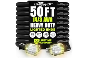 50ft Outdoor/Indoor Extension Cord 14/3 Gauge Heavy Duty 3 Prong SJTW, Waterproof, Flexible Cold-Resistant Long Power Cord,15
