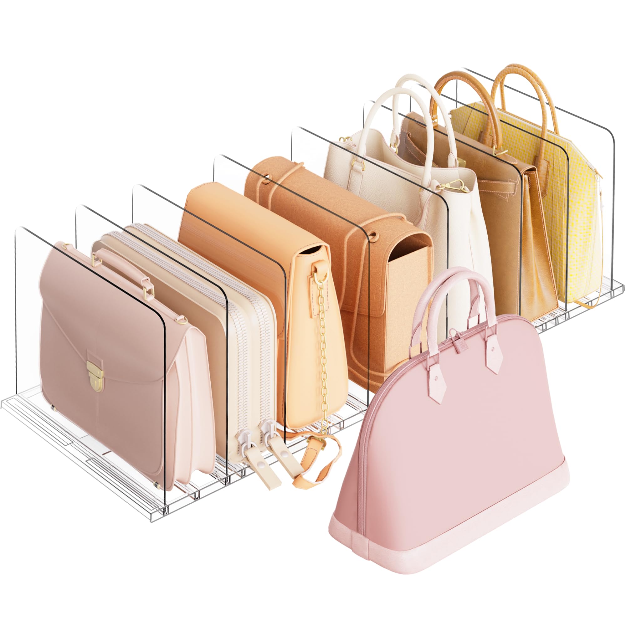 Photo 1 of Criusia Adjustable Closet Purse Organizer Rack – 28.8" Extra-Long Shelf Divider with 6 Base Panels & 8 Dividers – Non-Slip Handbag Holder for Bags, Clothes, Kitchen, Office