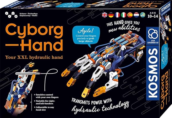 KOSMOS 617134 Cyborg-Hand - hydraulisch gesteuerte XXL-Roboter-Hand, größenverstellbar, für Linkshänder geeignet, Experimentierkasten für Kinder ab 10-14 Jahre, mehrsprachige Anleitung