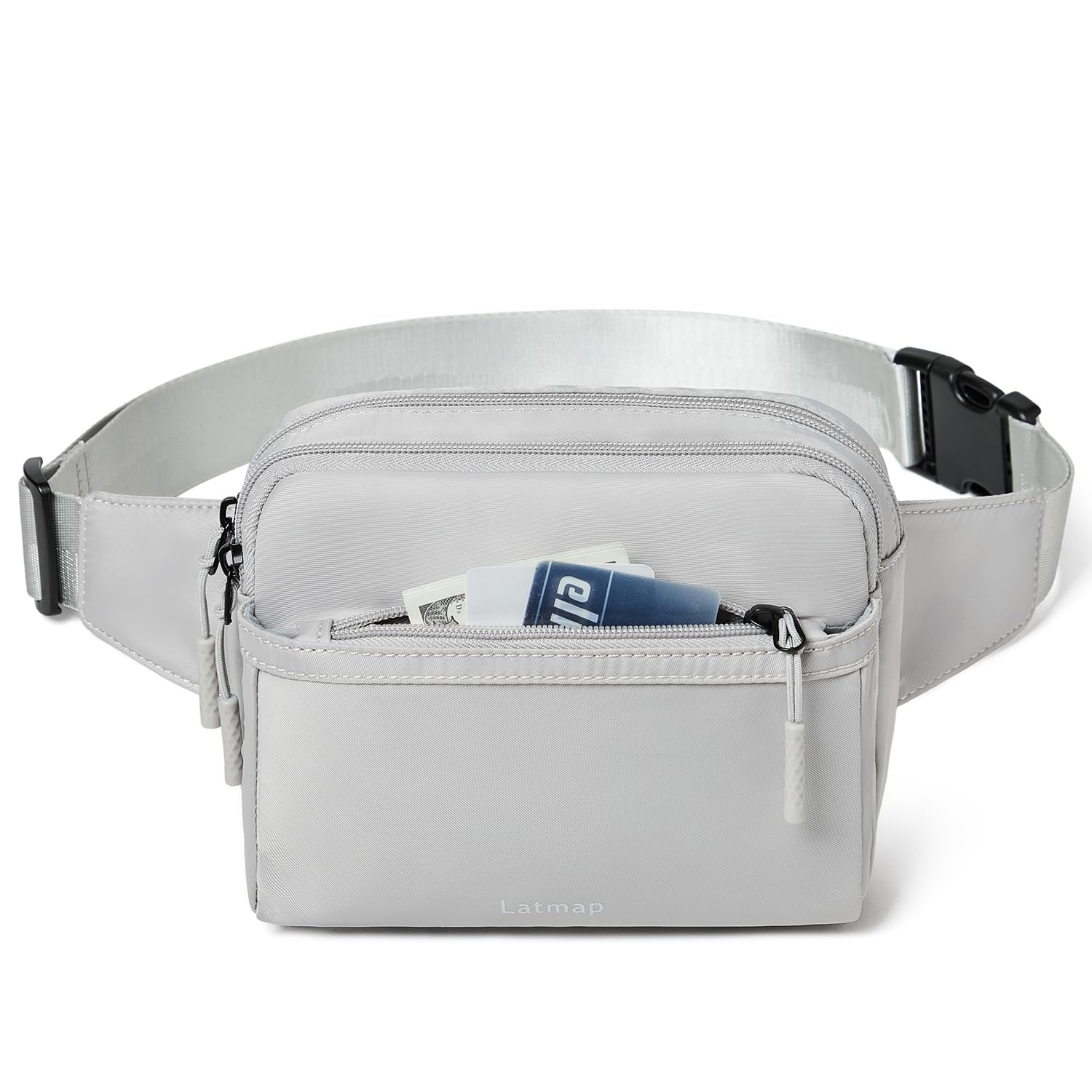 LATMAP 3L Fanny Packs for Women Men Fashion Waist Packs Belt Bag with 4-Zipper Pockets Crossbody Bag Easy Carry Wallet Purse for Travel Sports, Greyish