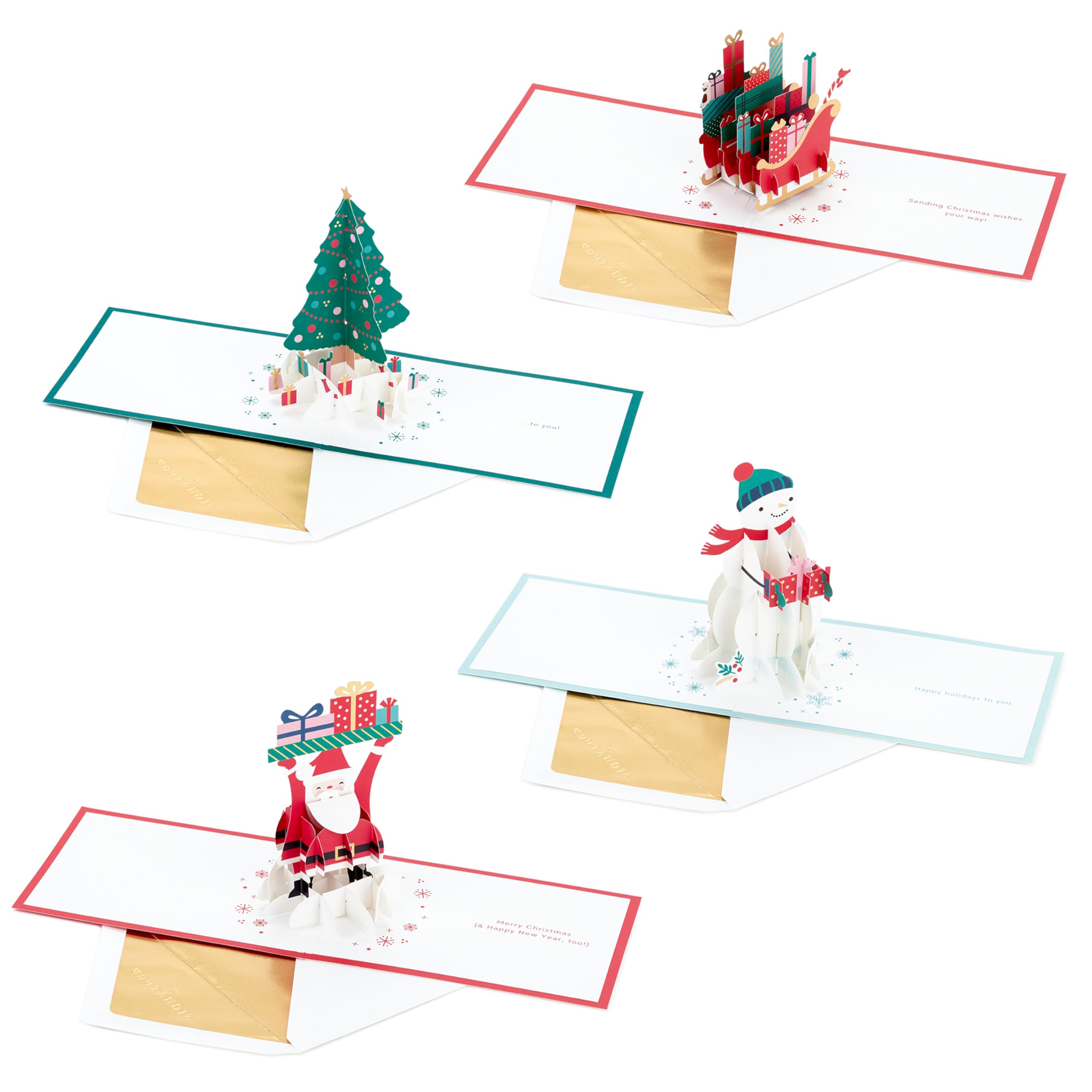 Hallmark Christmas Card, 3D and Pop-Up Card, Pack of 4 in 4 Festive Designs, Santa, Tree, Sleigh, Snowman, Red, Green, Blue