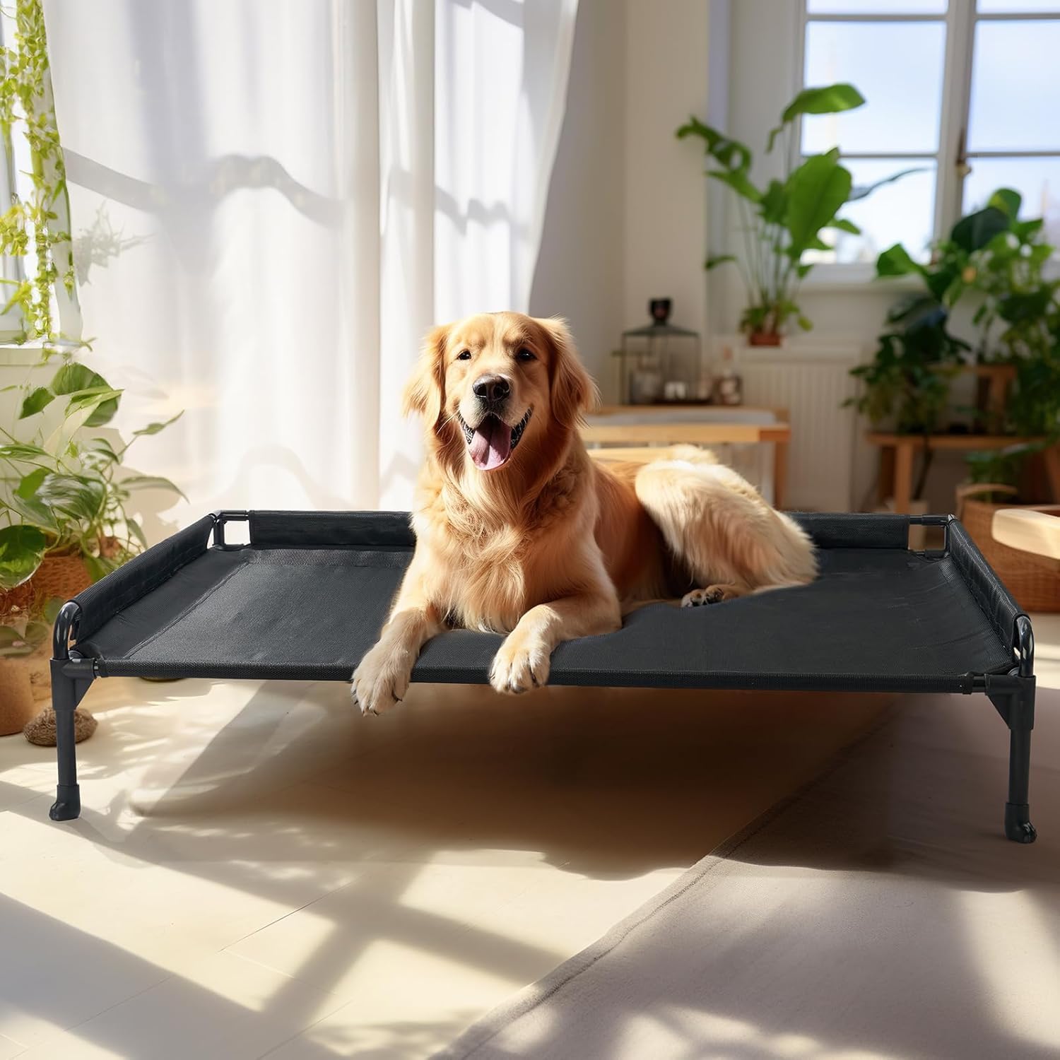 Photo 1 of Veehoo Elevated Raised Dog Bed-Cooling Outdoor Dog Cots for Large Sized Dogs Three-Sided Fence Raised Pet Cot with Durable & Breathable Mesh & No-Slip Feet Pet Hammock Bed-41"x 27" Black