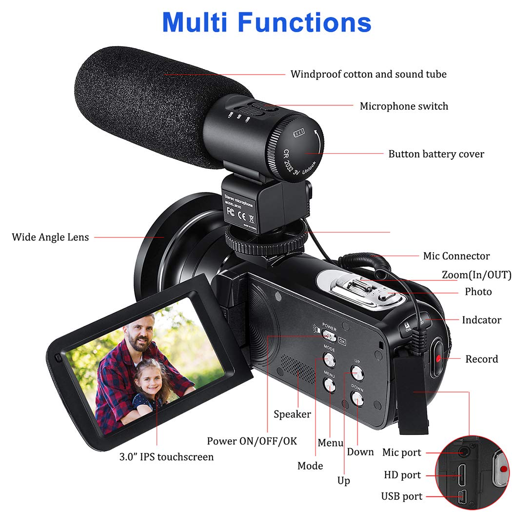 Videokamera Camcorder, Cofunkool 1080P Full HD 16X Digital Zoom Nachtsicht Vlogging Kamera mit externem Mikrofon Weitwinkelobjektiv Fernbedienung