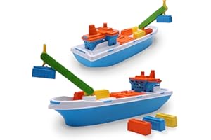 Toyland® 41cm (16") Colourful Cargo Ship with Moveable Doors, Crane & 6 Plastic Containers - Kids Floating Water Toy - Pool & Bathtime Toys - 3 Years+