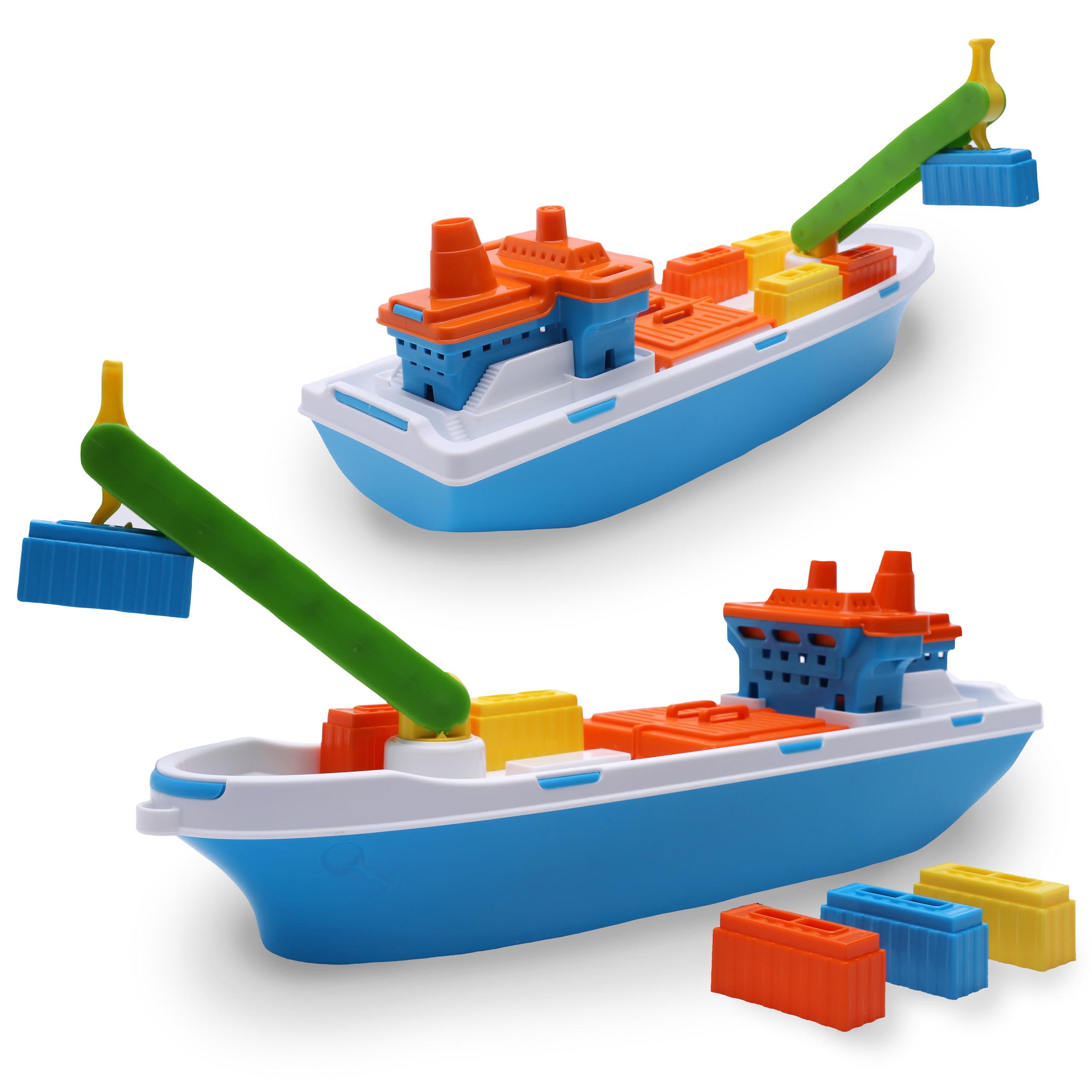 Toyland® 41cm (16") Colourful Cargo Ship With Moveable Doors, Crane & 6 Containers - Kids Floating Water Toy - Pool & Bathtime Toys - 3 Years+
