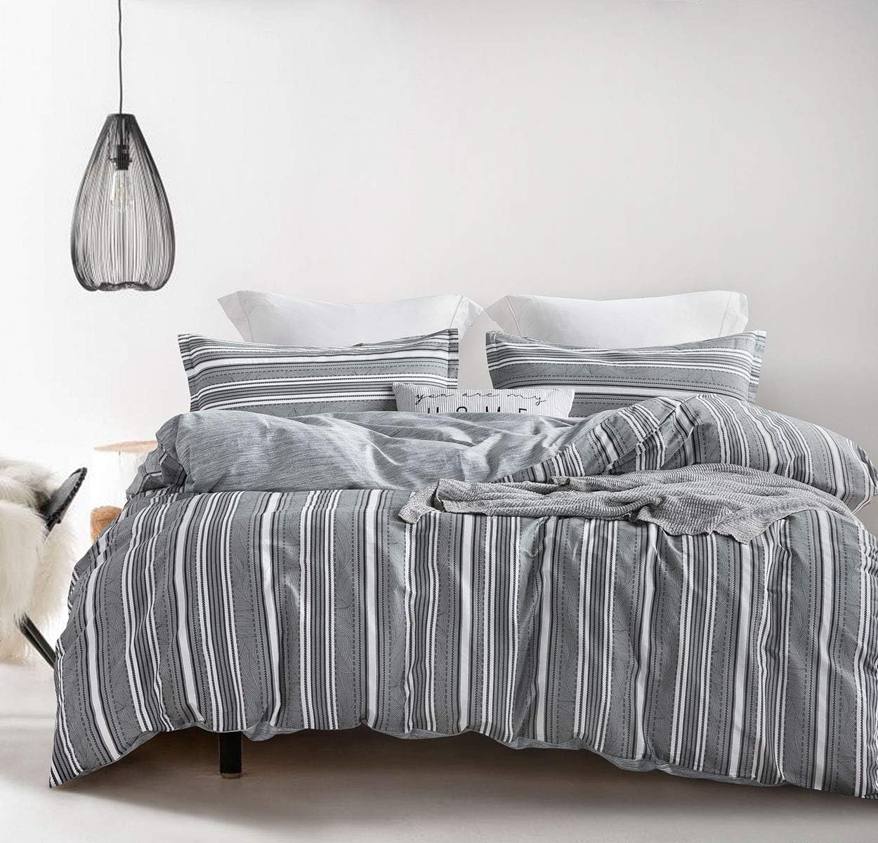 SLEEPBELLA Duvet Cover Set Queen Size, Grey White & Black Geometric Stripe Pattern with Button Closure Cotton Reversible 3 Pieces Comforter Cover with 1 Duvet Cover, 2 Pillow Shams