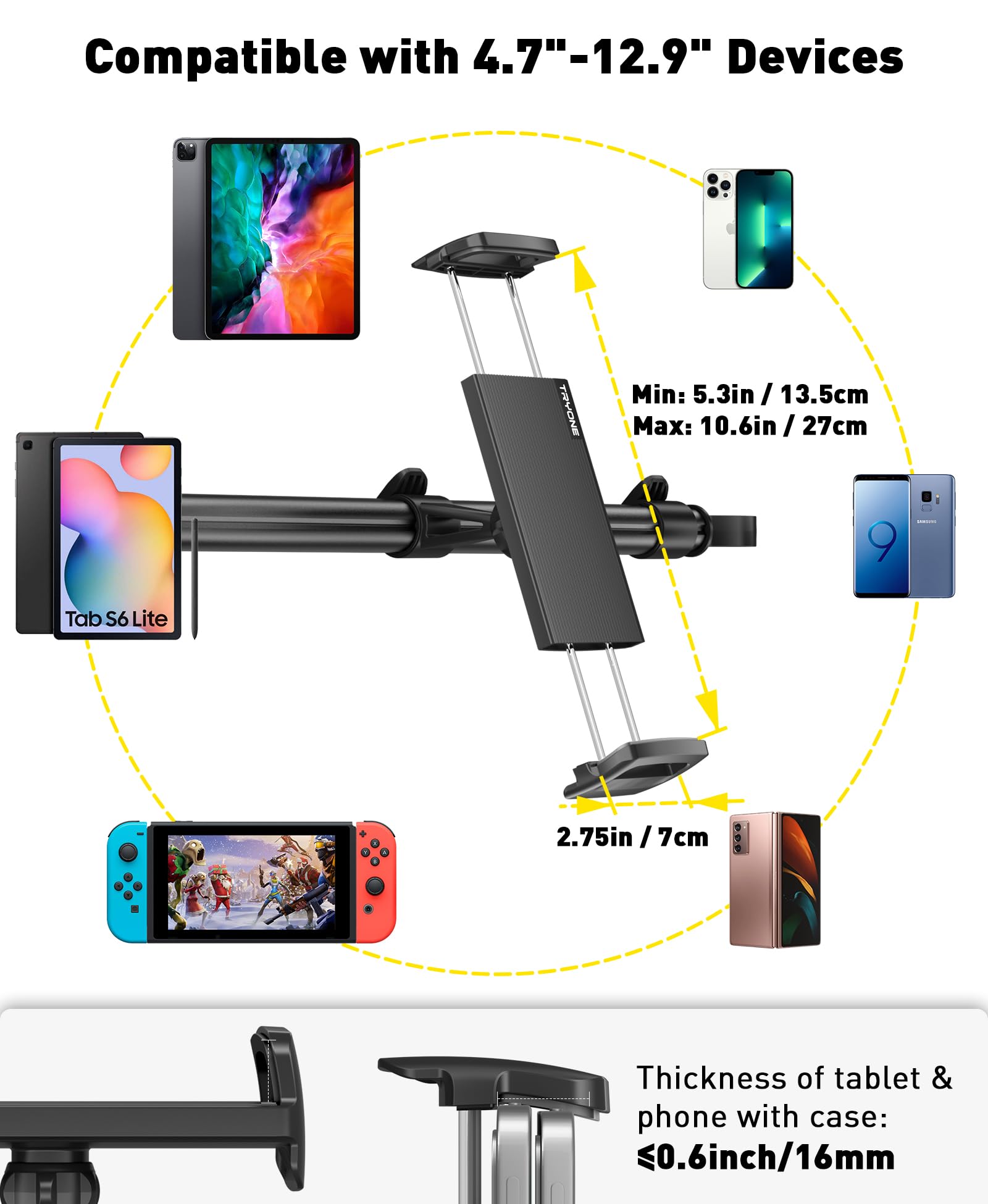 Tryone Car Tablet Holder Mount for iPad: Headrest Tablet Stand for Car Back Seat Compatible with iPad Pro Air Mini | Galaxy Tab | Kindle Fire HD | Switch OLED or Other 4.7-16.1