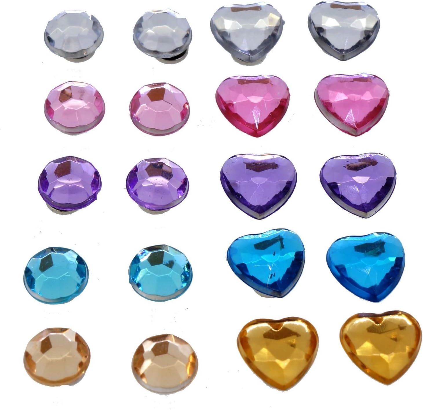 Color Round and Heart Rhinestone Beads Magnetic Clip-On Stud Earrings Gift Set, Pack of 10 Pairs
