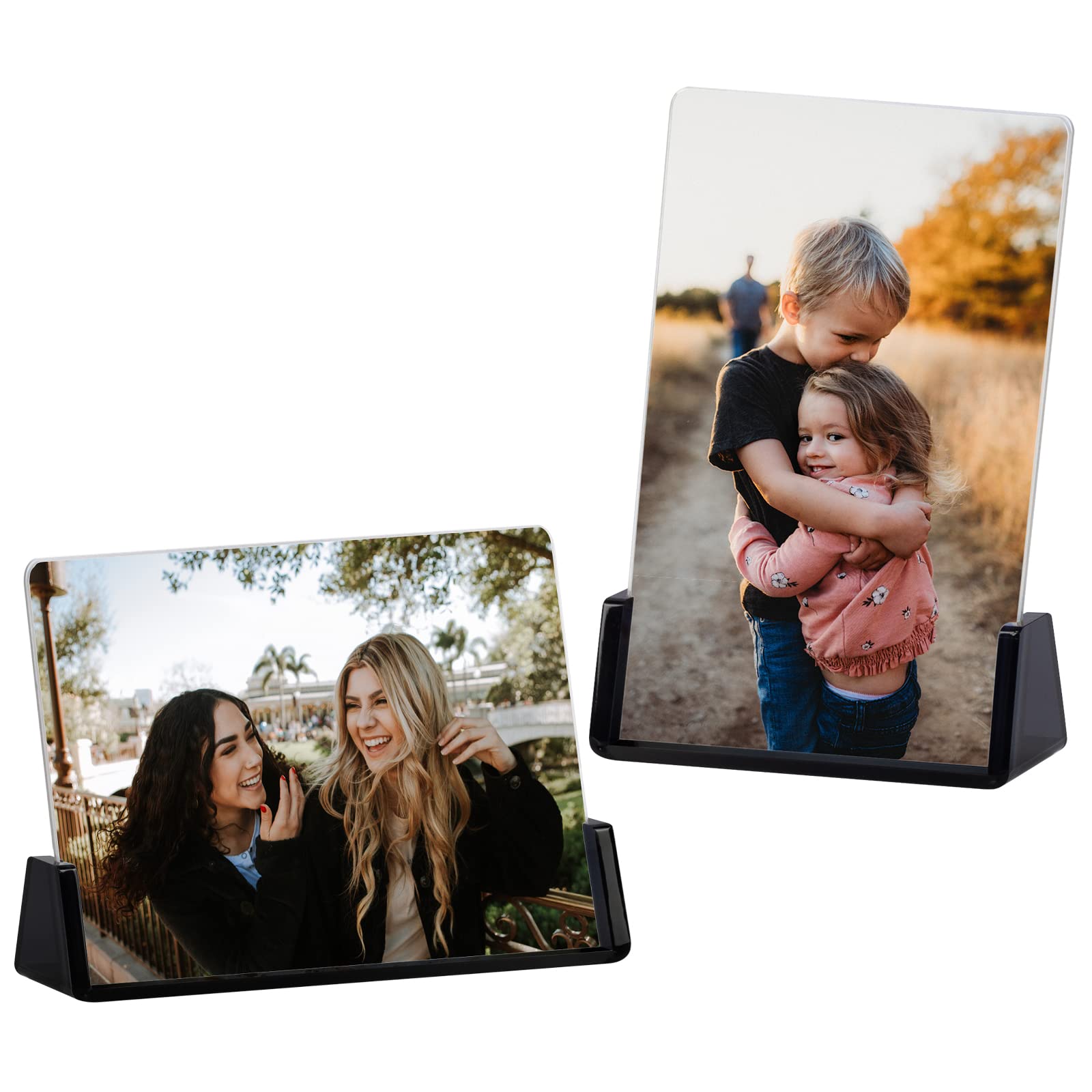 Boxalls 2 Pack Acrylic Picture Frames 6x8 with Translucent Black Base Stand, Frameless Photo Frame for Tabletop or Desktop Display (Horizontal + Vertical)