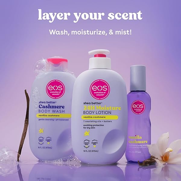 EOS CASHMERE BODY WASH – VANILLA CASHMERE, MOISTURIZING BODY WASH, CREAMY GEL FORMULA, WITH SHEA BUTTER, GLYCERIN, VITAMIN E, PH BALANCED, SENSITIVE SKIN, VEGAN, 16 FL OZ