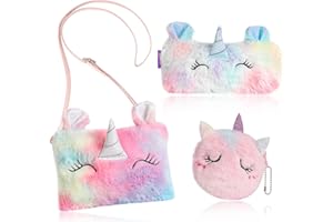 HIFOT 3 Pieces Unicorn Plush Crossbody Bag Purse Pencil Case for Kids, Cute Colorful Wallet with Handbags Pen Pouch for Girls