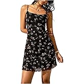 BEAUDRM Women's Floral Print Lettuce Trim Cami Dress Square Neck Sleeveless Bodycon Mesh Mini Dress