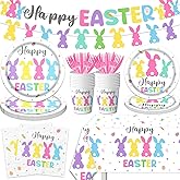 Easter Party Tableware, 142pcs Bunny Easter Paper Plates and Napkins Party Decorations with Colorful Bunny Happy Banner,Cups, Tablecloth for Party Supplies Table Decoration