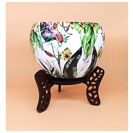 Pepper Agro Round Metal Meena Pots with Wooden Stand | Flower Planter for Home Garden Decor | Table Top Flower Pot | Best for Indoor Plantation