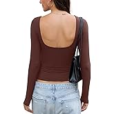 EasyGala Womens Open Back Double Lined Top Long Sleeve Y2K Going Out Top Sexy Backless Boat Neck Shirt Spring Fall Tee