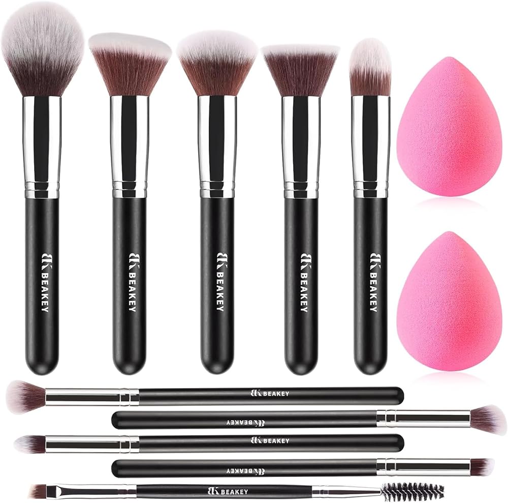 BEAKEY 12 Pcs Makeup Brush Set with 2 Sponges Premium Synthetic Kabuki