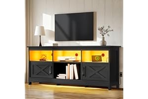 YITAHOME TV Stand for 65 Inch TVs, Entertainment Center with Storage Cabinets, Power Outlet & LED Light, Media TV Console with Barn Doors for Living Room, Black