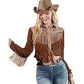 JOHN MOON Womens Fringe Western Long Sleeve Shirts Floral Embroidered Cowgirl Button Down Shacket Blouse Country Rodeo Outfit