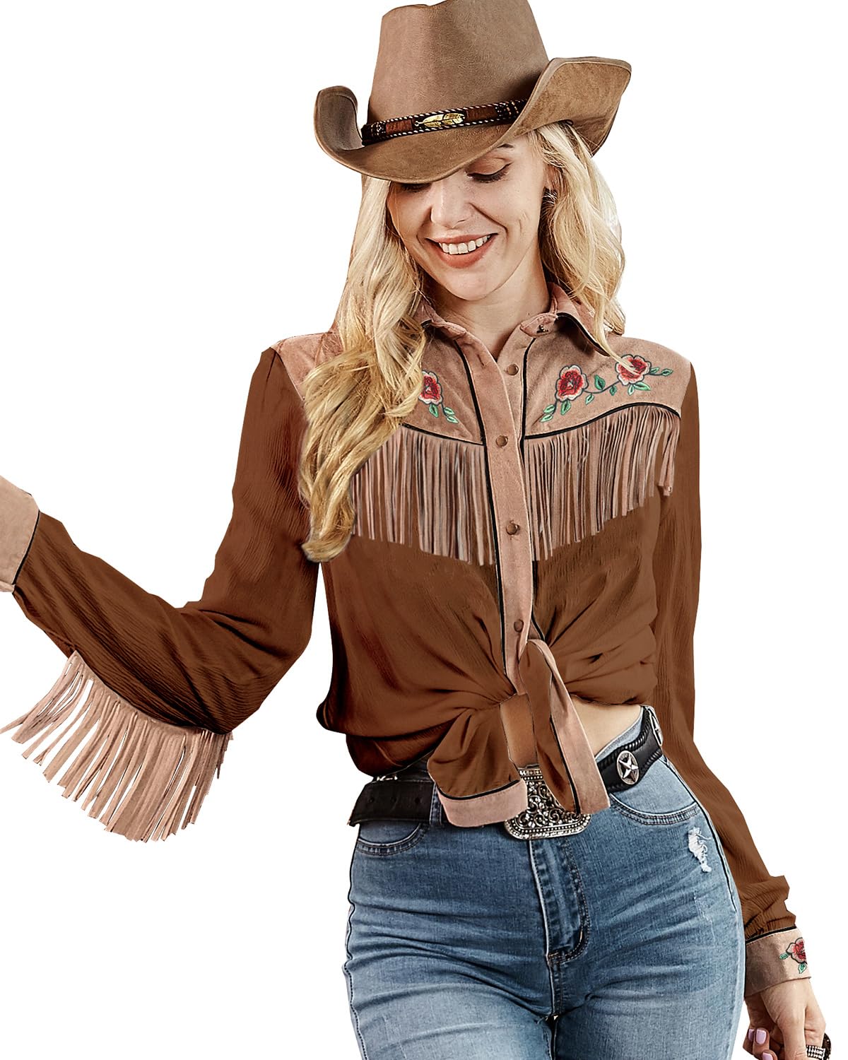 Photo 1 of JOHN MOON Women's Fringe Western Long Sleeve Shirts with Floral Embroidered Cowgirl Button Down Shacket Blouse Country Rodeo Outfits Brown