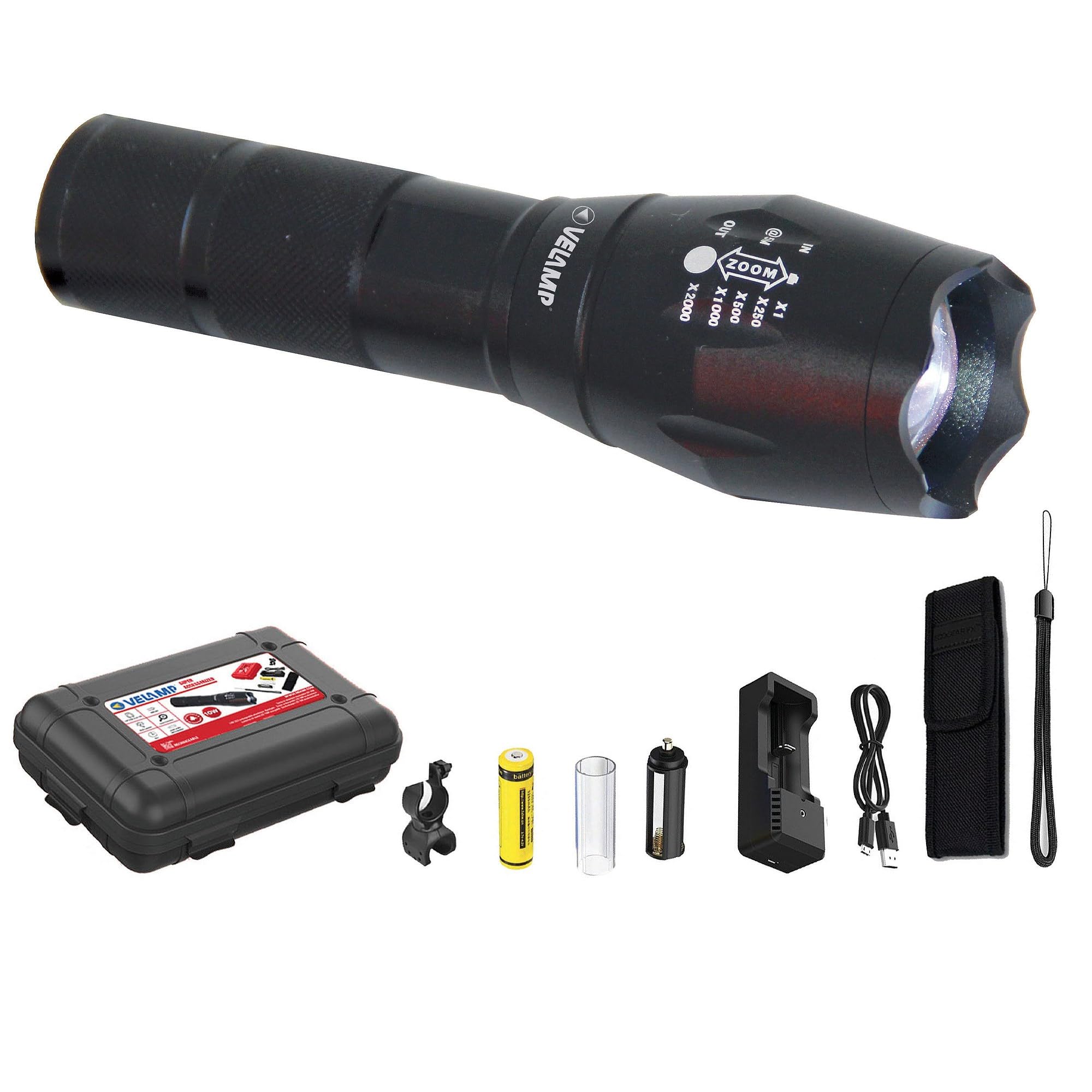 VELAMP IR547 10W Rechargeable LED Torch, Tactical with Zoom, Aluminium, Super Accessory, Black
