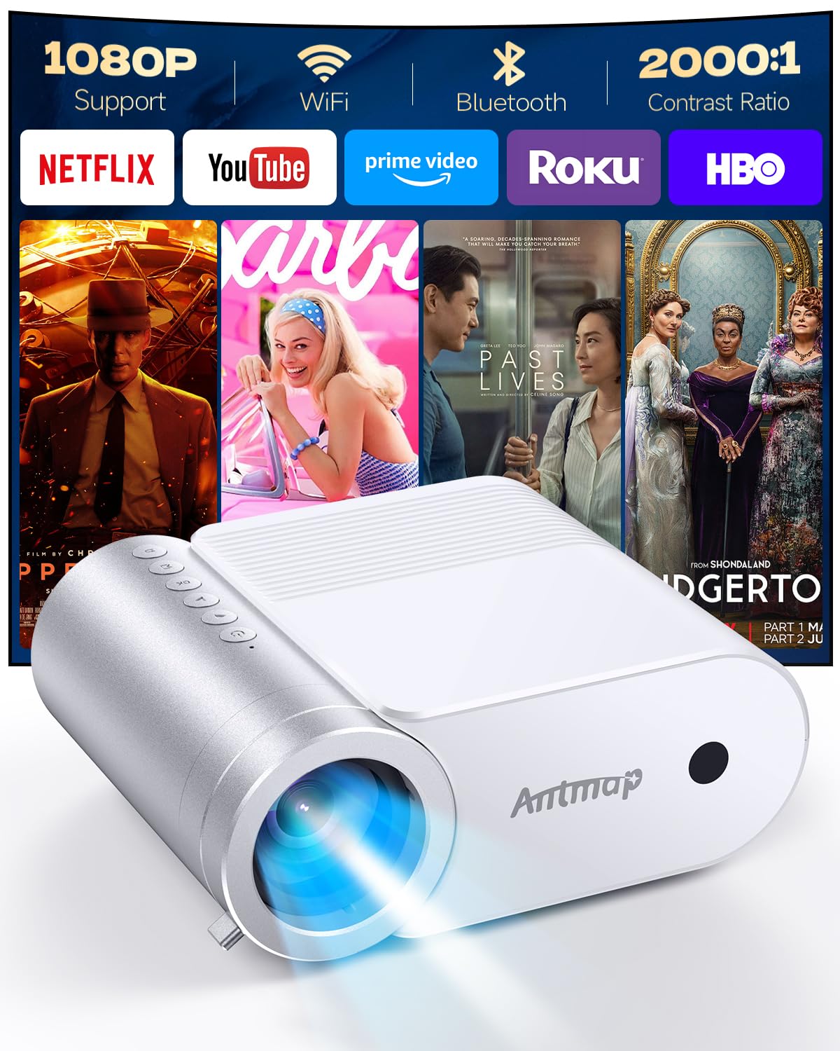 Photo 1 of Antmap Mini Projector with WiFi and Bluetooth, Portable Projector for iPhone 1080P Support Outdoor Projector Wireless WiFi Projectors for Bedroom, Compatible with Phone/Pad/Laptop/TV Stick