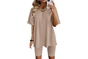 AGSEEM Two Piece Outfits For Women Summer V Neck T-Shirt Tops Biker Shorts Workout Sports Tracksuit