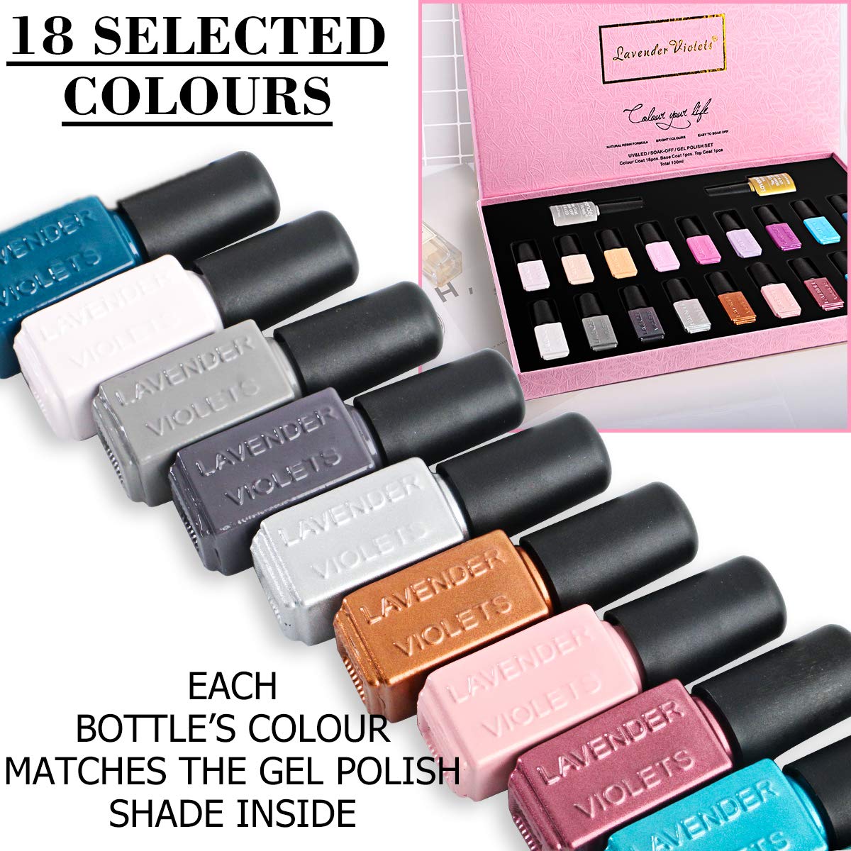 Lavender Violets Gel-Nail-Poish Kit 18-Color Soak off UV LED Nail Gel with No Wipe Base and Top Coat Safe to Use F984 : Beauty