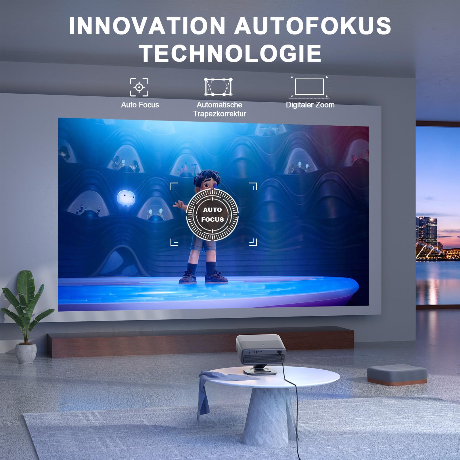 Smart Beamer 4K[Kompatibel mit Netflix] 3D Dolby Audio VISSPL 30000Lumen Autofokus/Auto Trapezkorrektur Projektor,WiFi6 Bluetooth Beamer 4K Heimkino,Outdoor Video Projektor Mit 360° Drehbarem Ständer 3